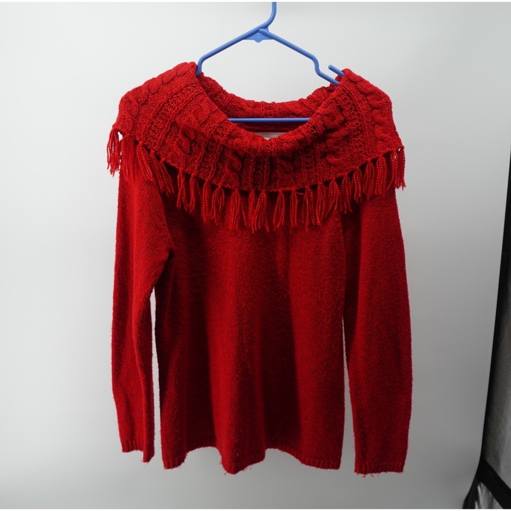 Christopher & Banks Red Fringe Cowl Neck Cable Knit Sweater Womens Medium 4553